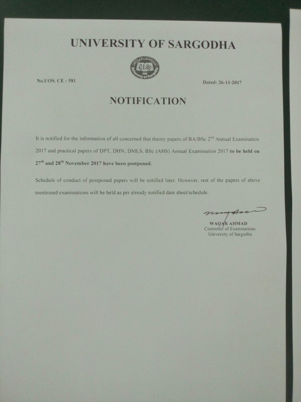 Exams to be Held on 27&28 November has been Postponed