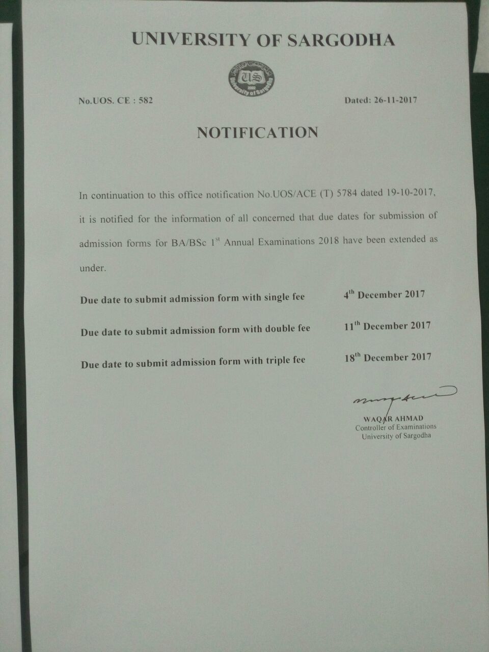 Due Dates to Submit Admission Forms for BA/BSc 1st  Annual Exam Extended