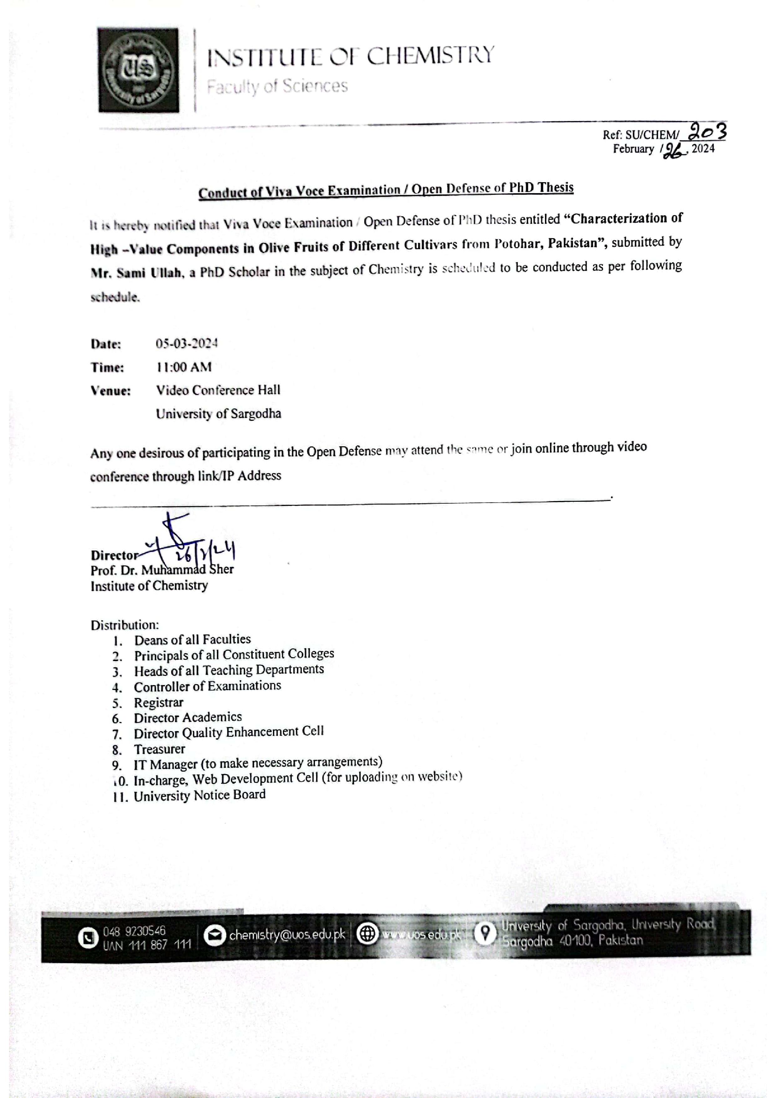 Conduct of Viva Voce Examination/ Open Defense of PhD Thesis (Chemistry)