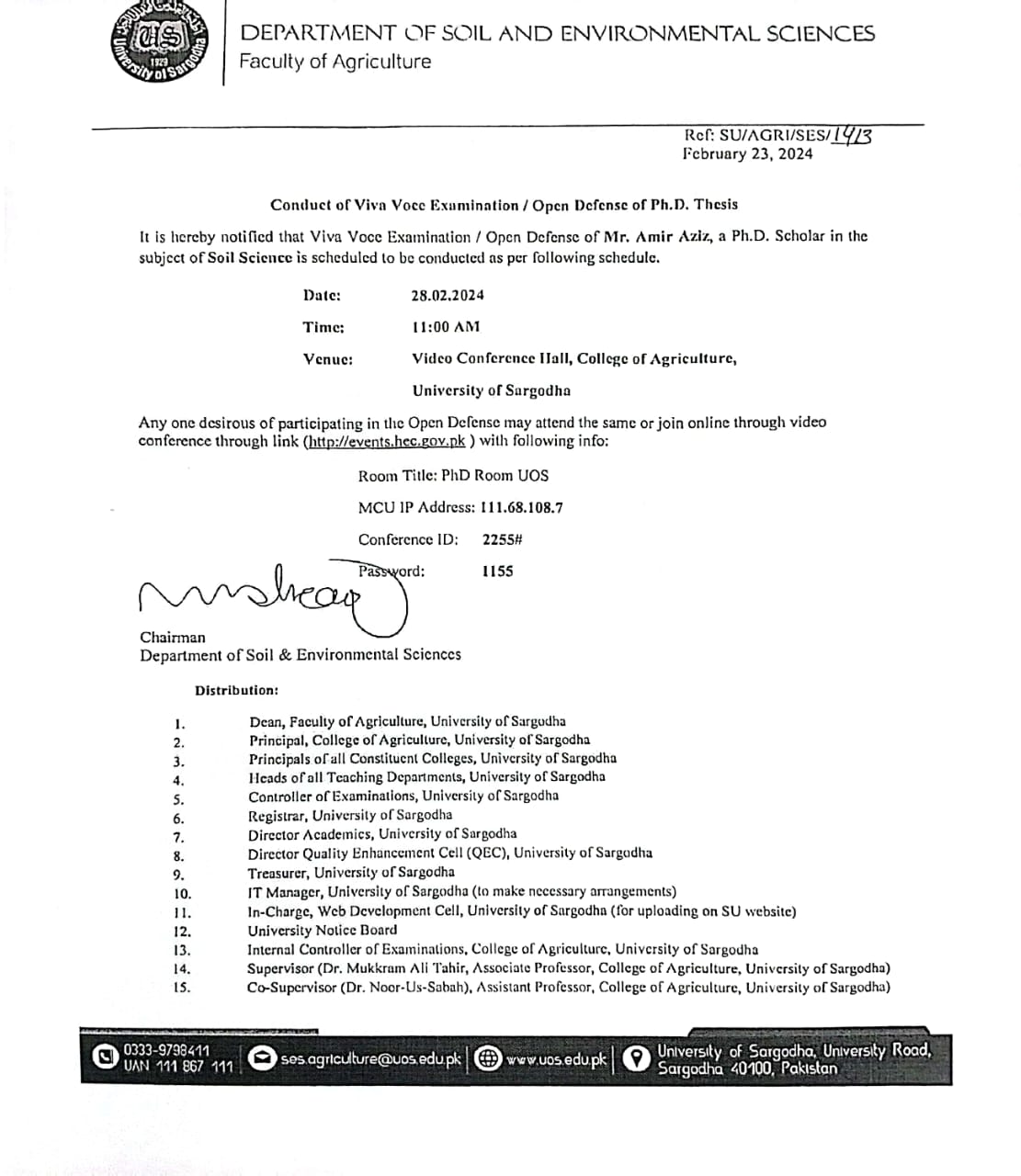 CONDUCT OF VIVA VOCE EXAMINATION/ OPEN DEFENSE OF PHD THESIS (COLLEGE OF AGRICULTURE)