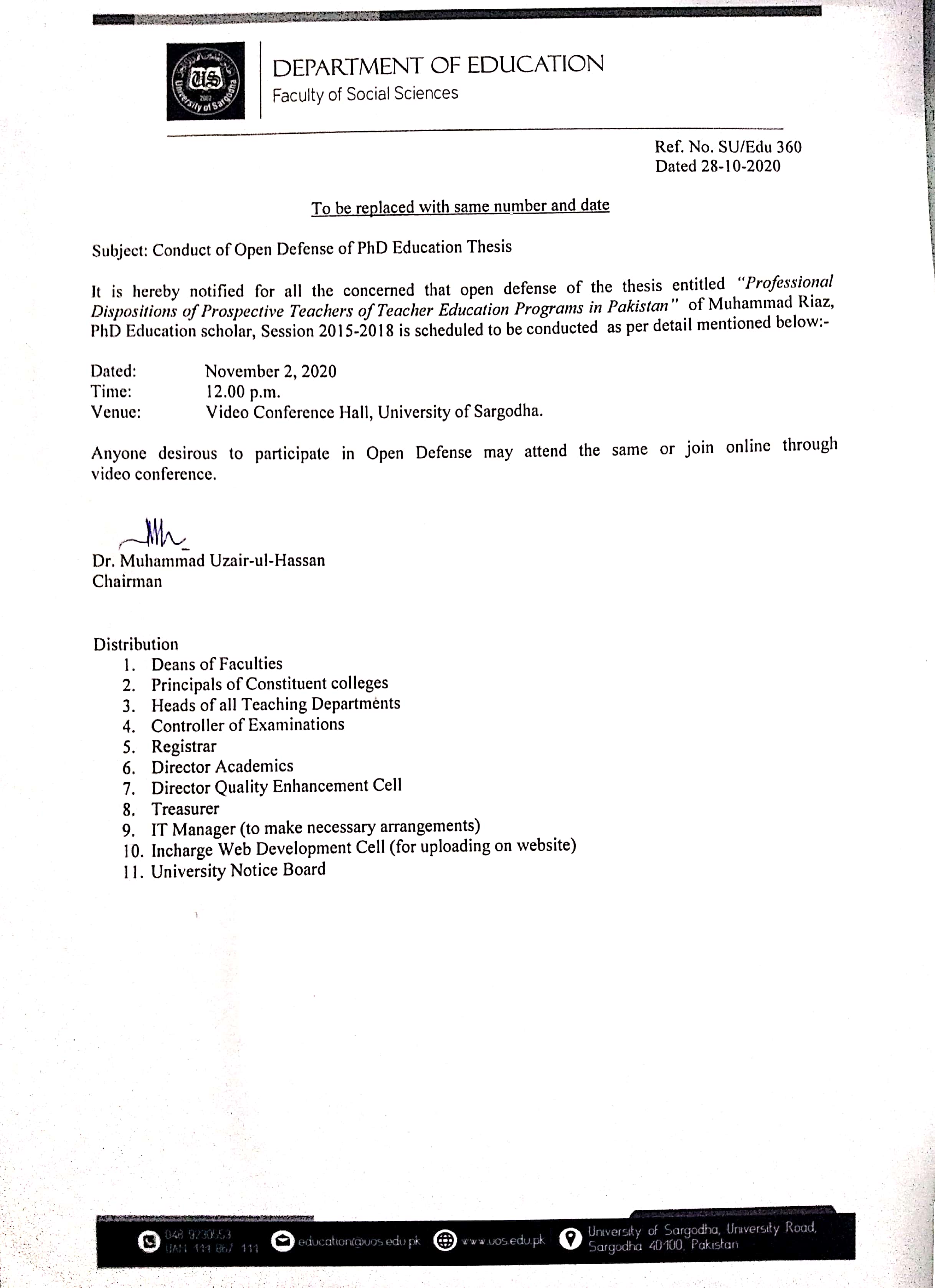 Conduct of Viva Voce Examination / Open Defense of PhD Thesis (Education)