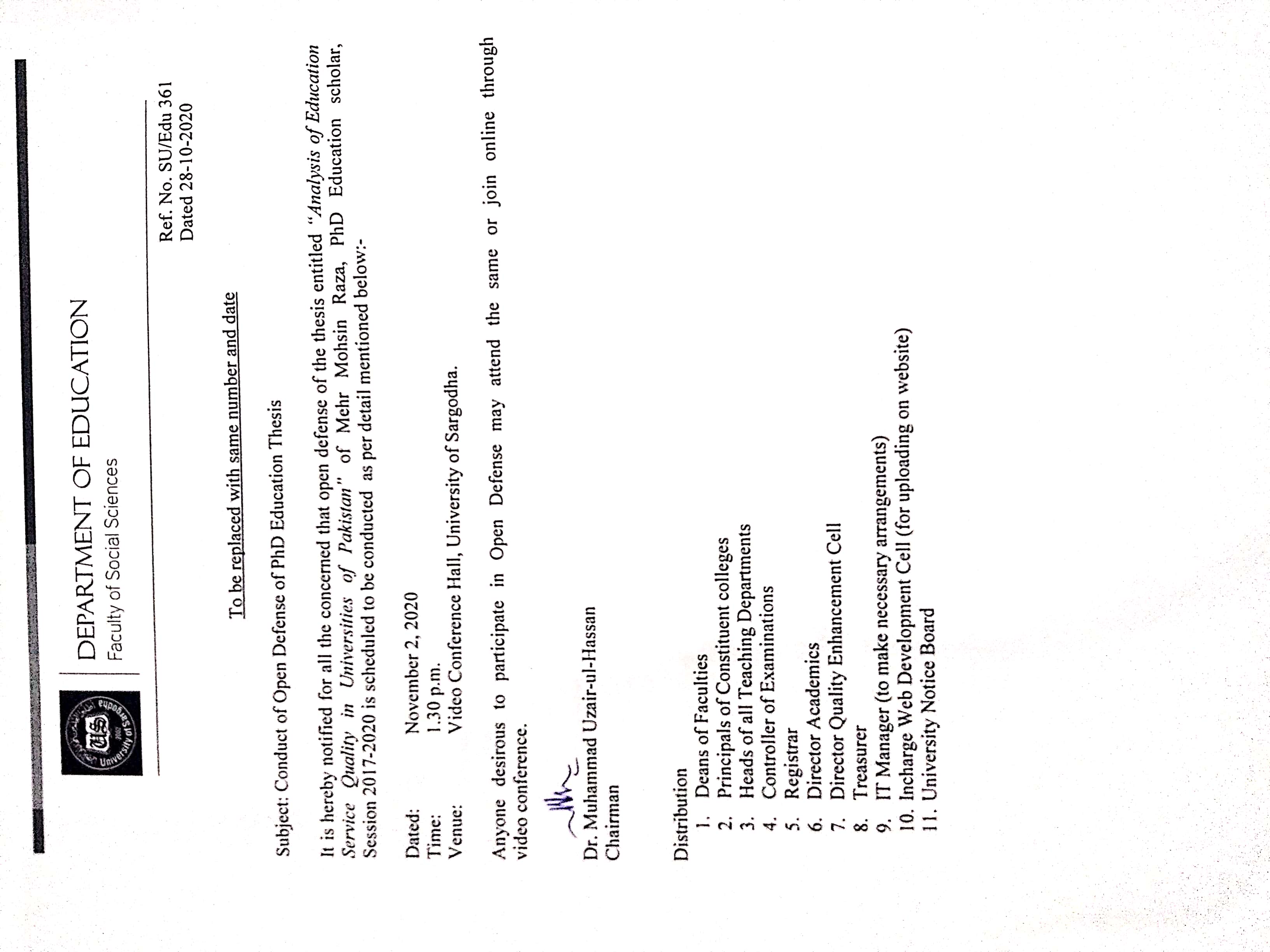 Conduct of Viva Voce Examination / Open Defense of PhD Thesis (Education)