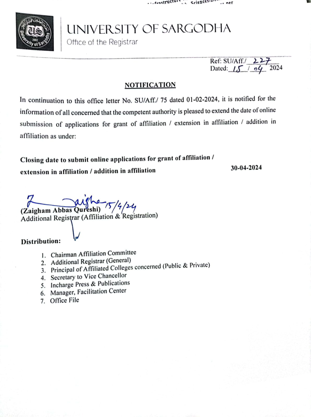 Affiliated Colleges Registration Date Extension