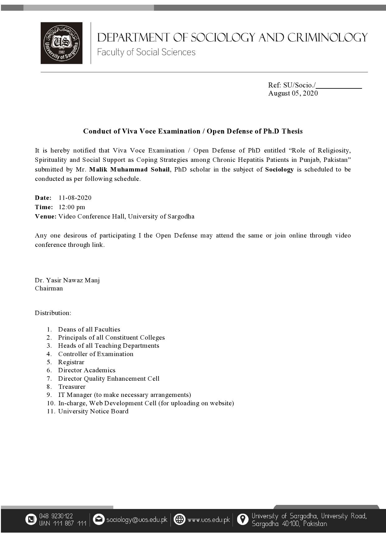 Conduct of Viva Voce Examination / Open Defense of Ph.D Thesis ( Sociology)