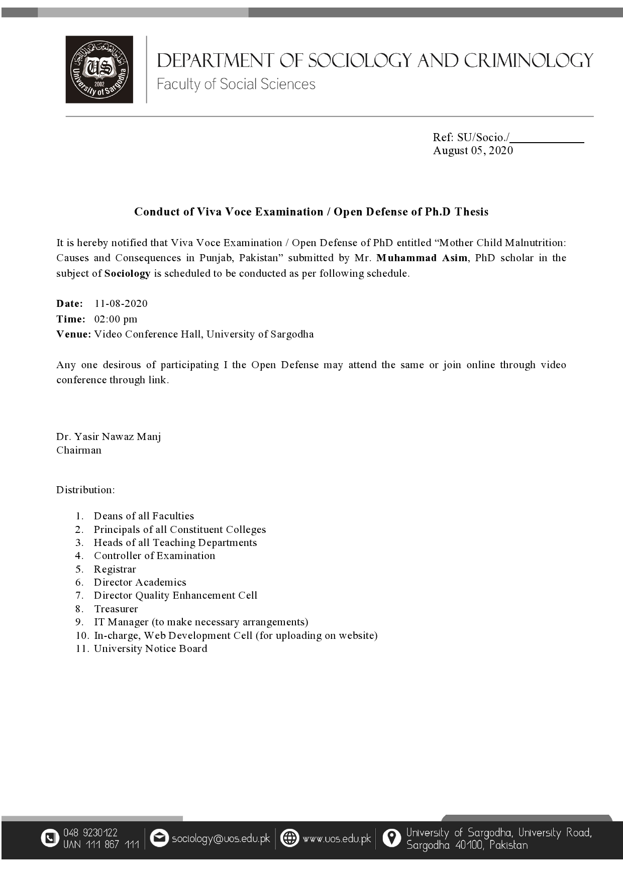 Conduct of Viva Voce Examination / Open Defense of Ph.D Thesis ( Sociology)