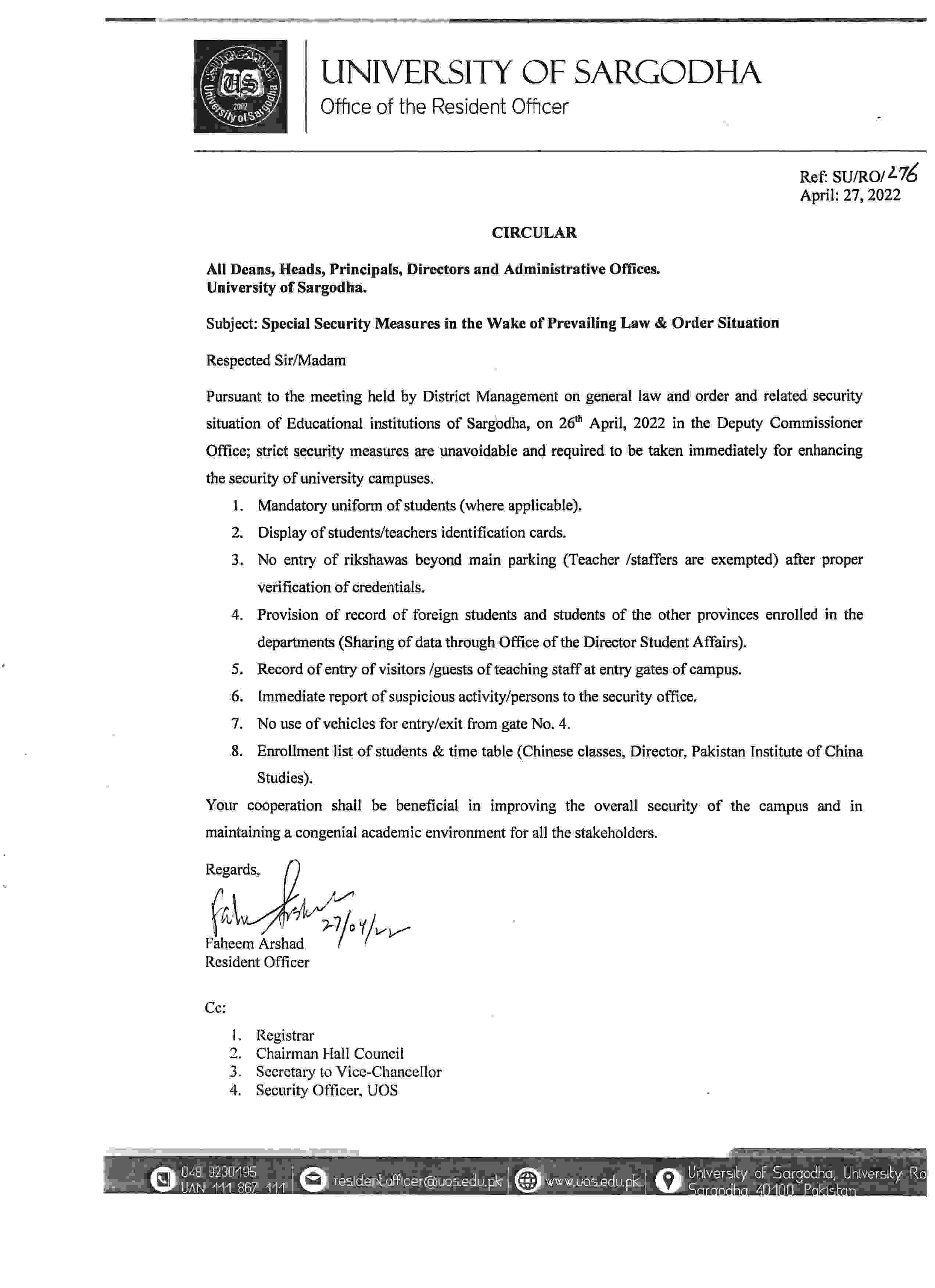 Circular Regarding Special Security Measures