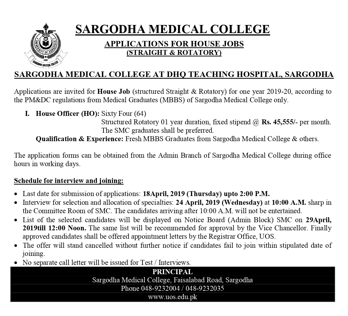 Notification Regarding Applications for House Jobs Sargodha Medical College