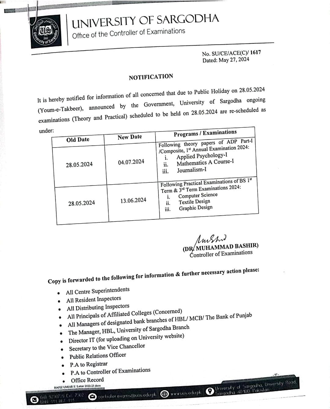 Notification Regarding Postponement of ADA/ADS/ADS Written Exams and BS Term Practical Exams on dated 28-05-2024