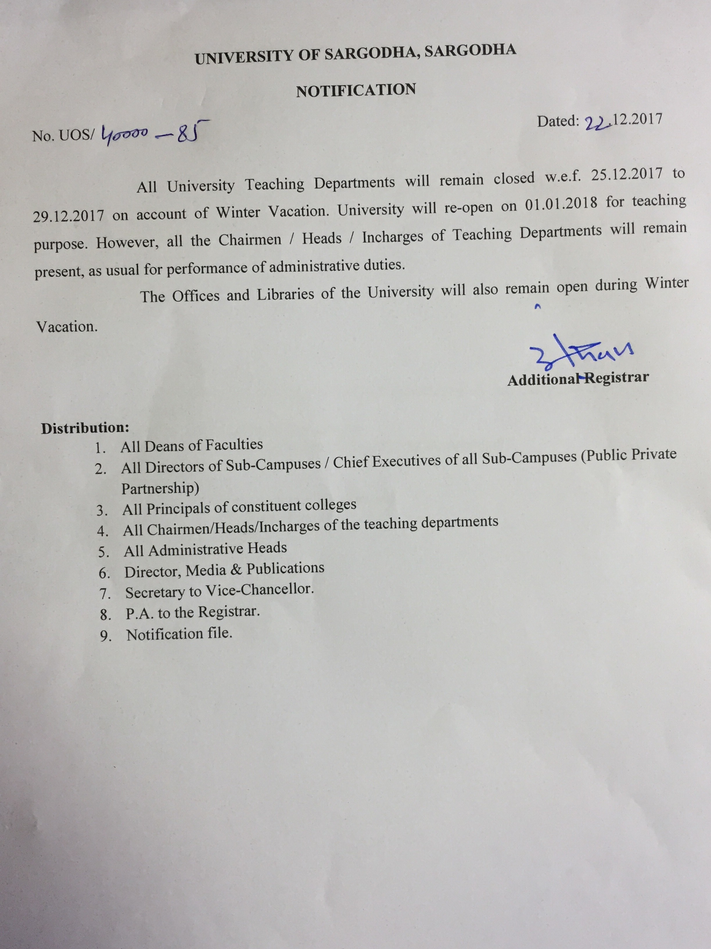 Notification regarding Winter Vacations 2017
