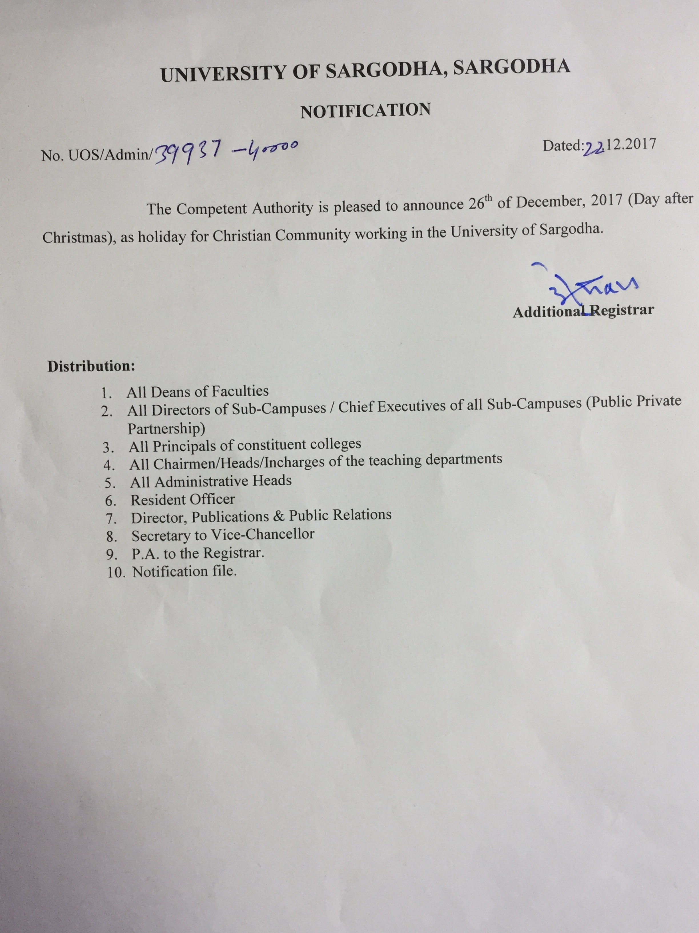 Notification regarding day after Christmas (26.12.2017)