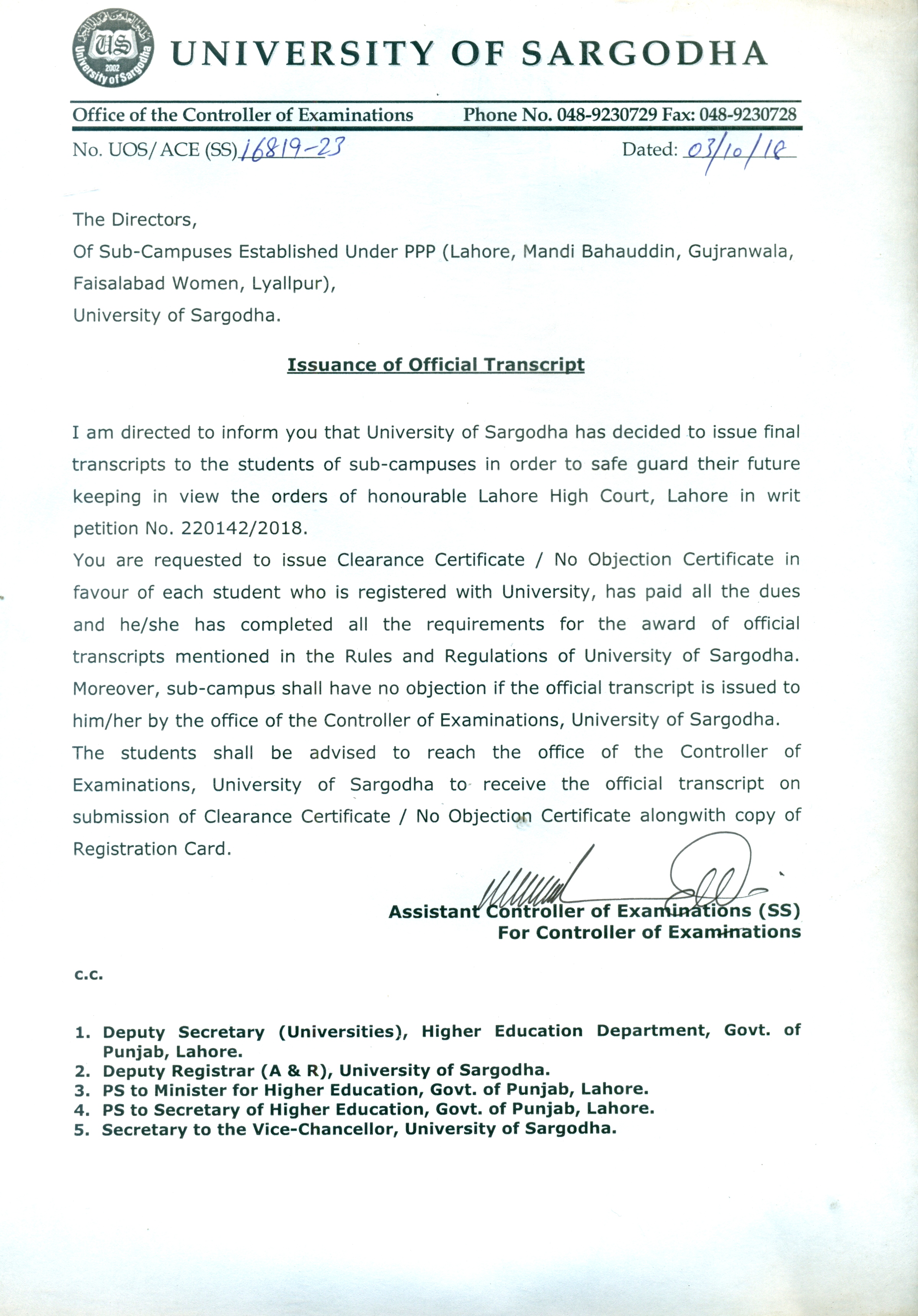 Issuance of Official Transcripts to the Students of PPP Sub-Campuses