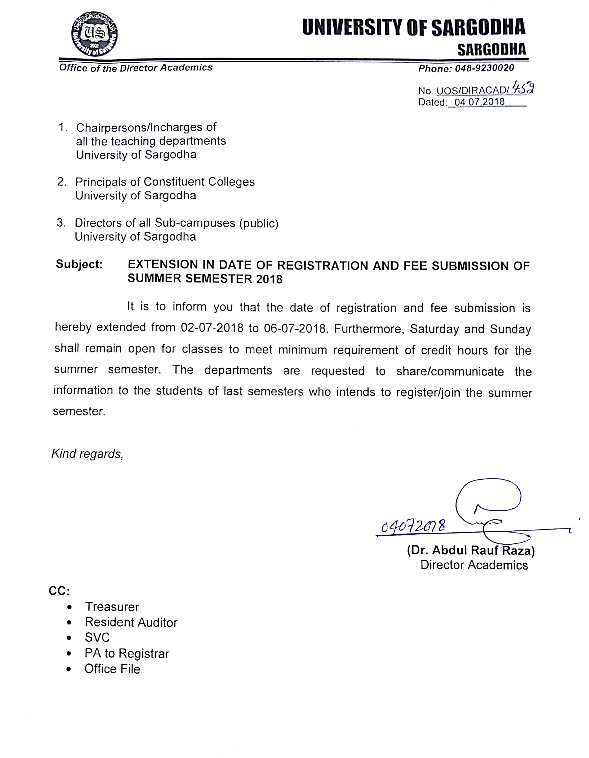 Extension in Date of Registration and Fee Submission of Summer Semester 2018