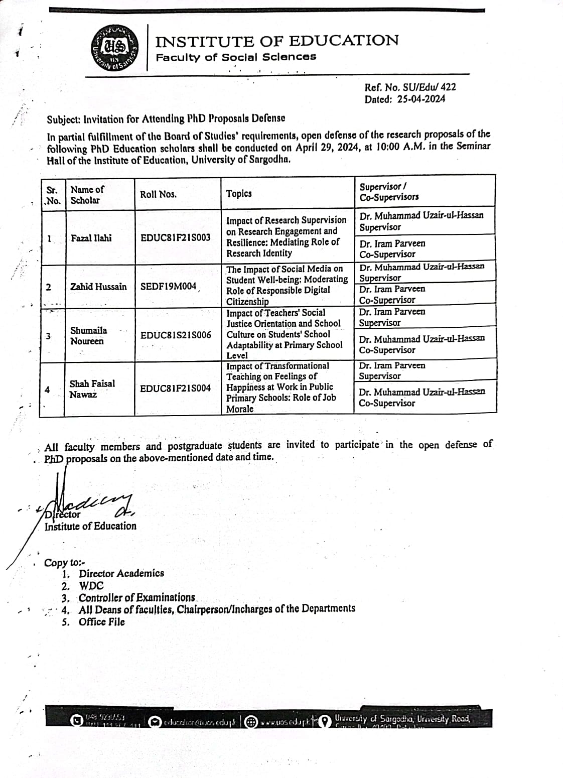 INVITATION FOR ATTENDING PHD PROPOSALS DEFENSE (EDUCATION)