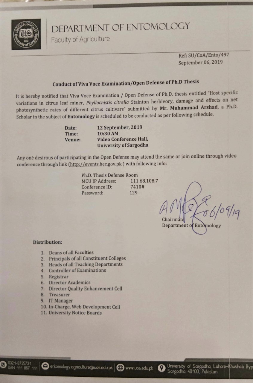 Conduct of Viva Voce Examination/Open Defense of PhD Thesis(Department of Entomology)