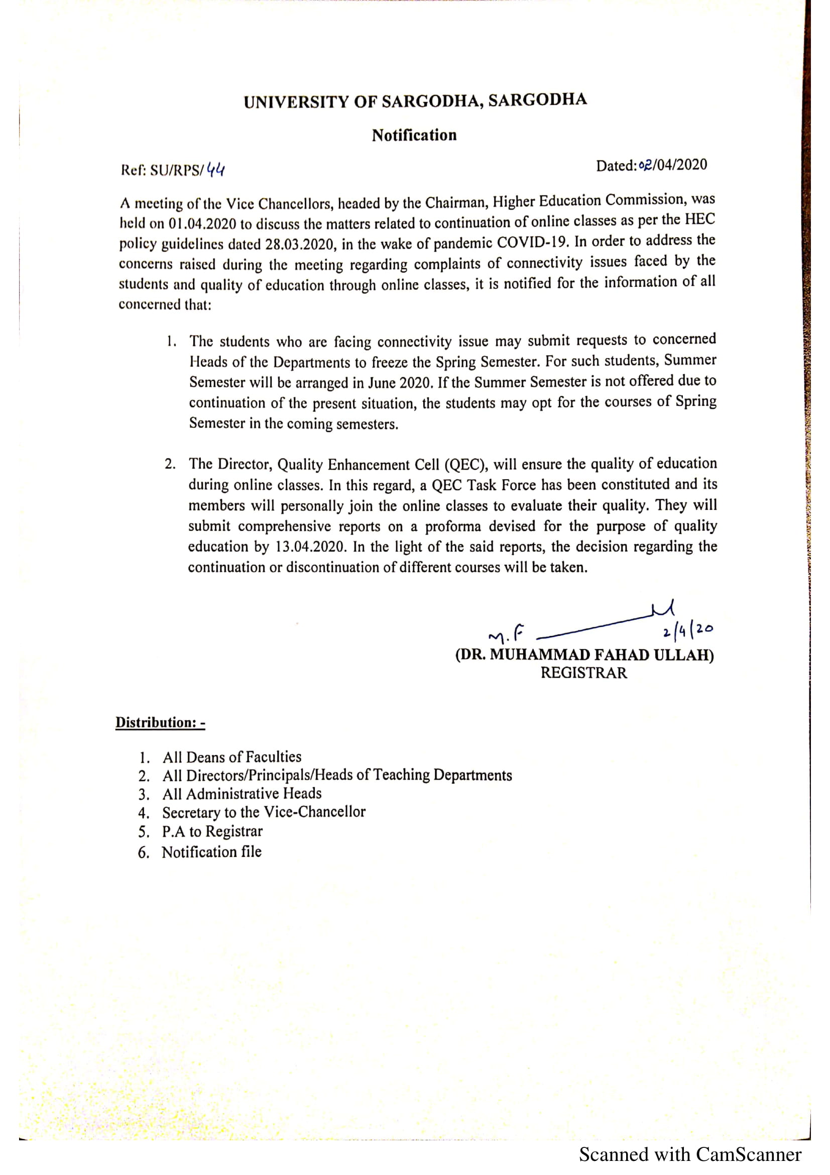 Notification for Quality Assessment