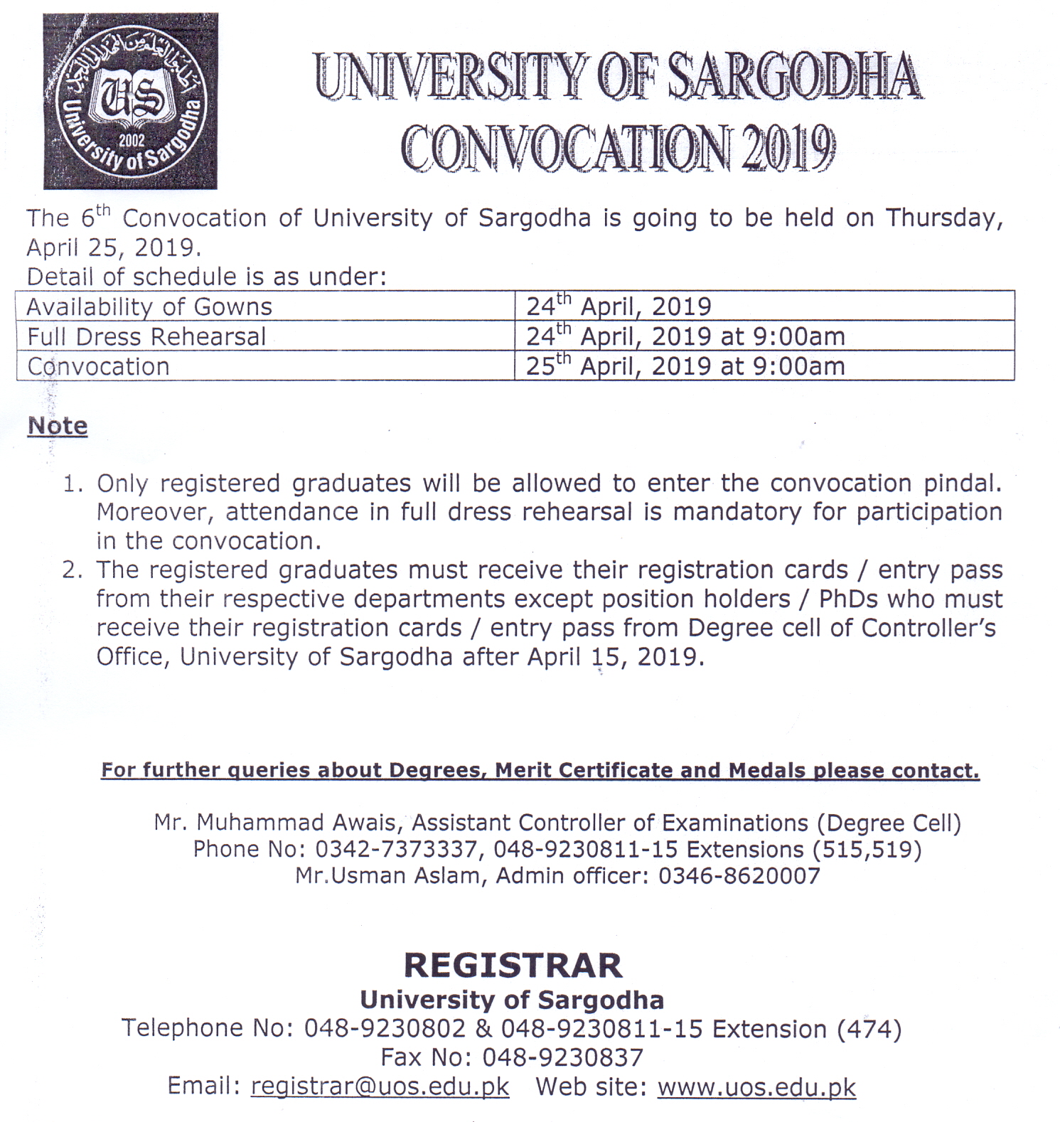 Notification Regarding 6th Convocation of University of Sargodha