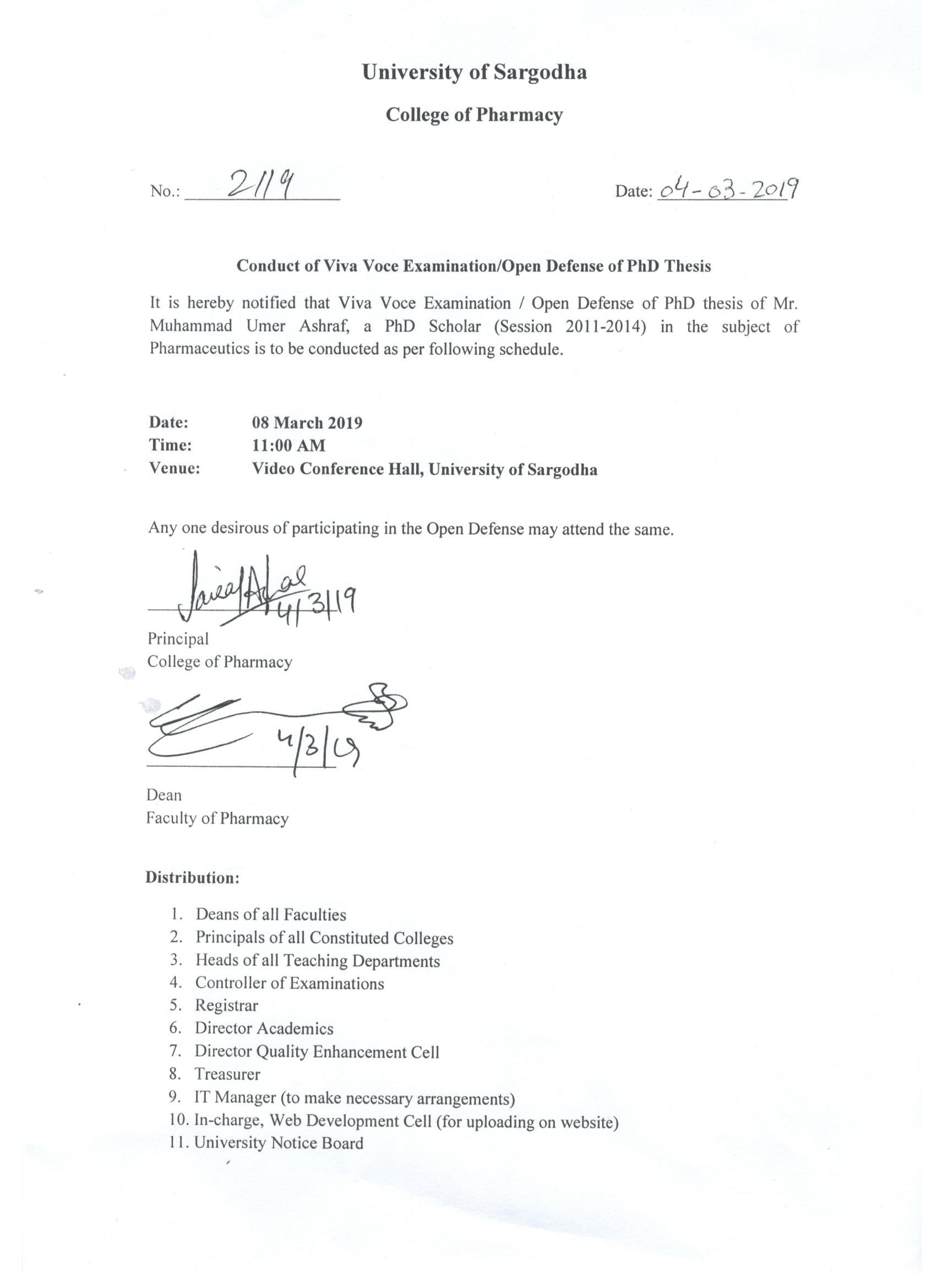 Conduct of Viva Voce Examination / Open Defense of PhD Thesis (Pharmaceutics)