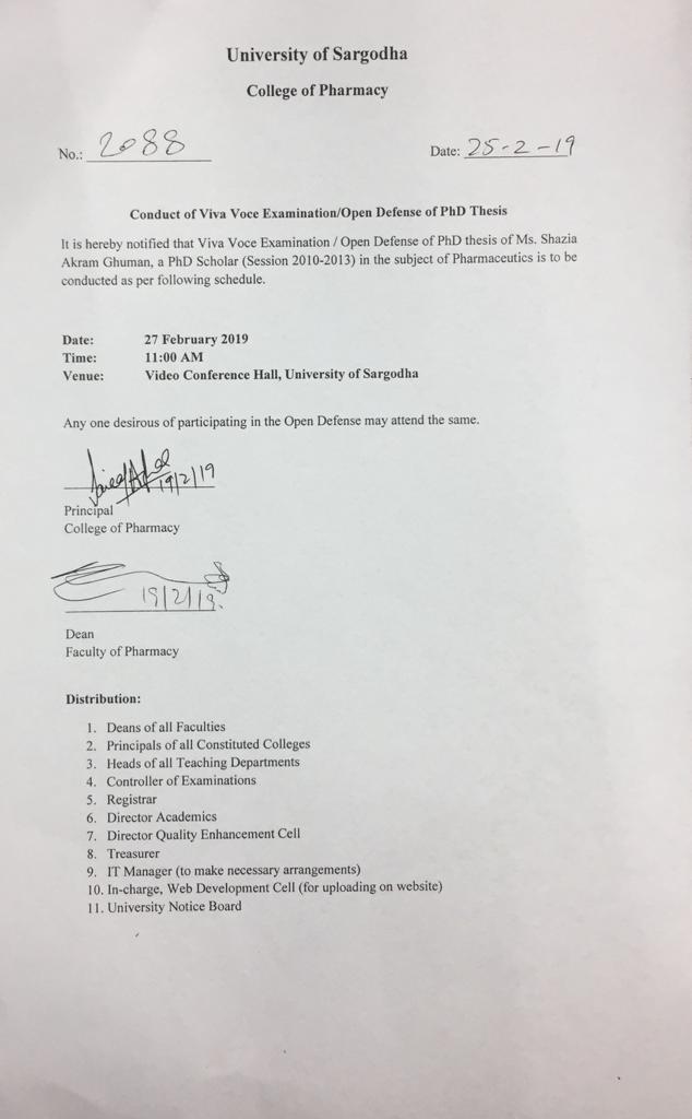 Conduct of Viva Voce Examination / Open Defense of PhD Thesis (Pharmaceutics)