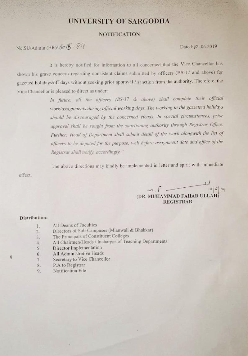 Notification Regarding Gazetted Holidays / Off Days