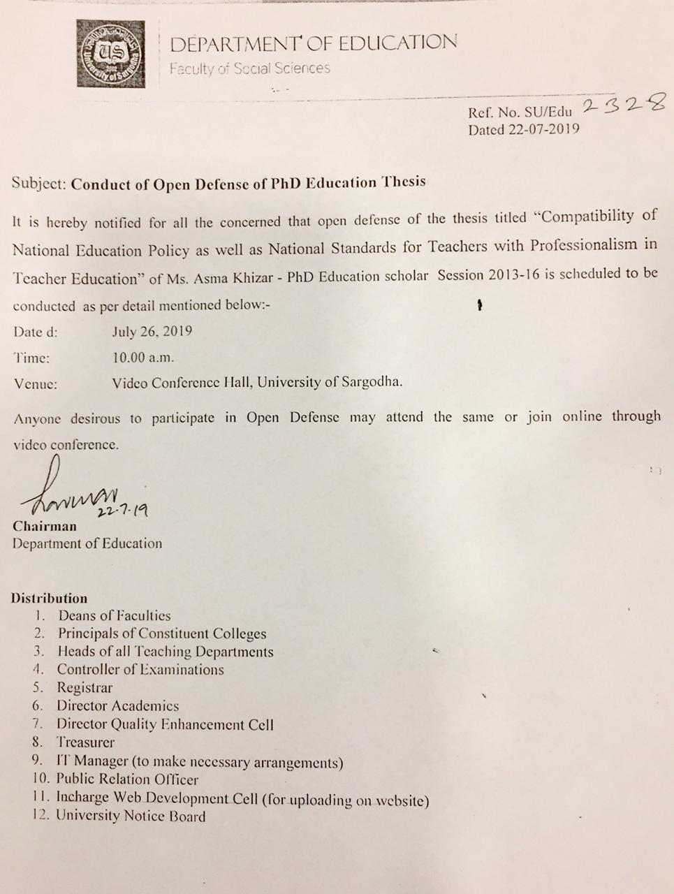 Conduct of Open Defense of PhD Education Thesis