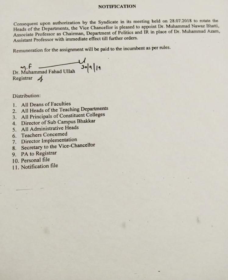 Notification Regarding the Charge of Incharge Department of Politics & IR