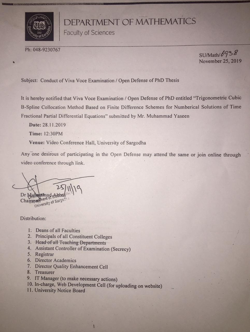 Conduct of Viva Voce Examination/Open Defense of PhD Thesis ( Department of Mathematics )