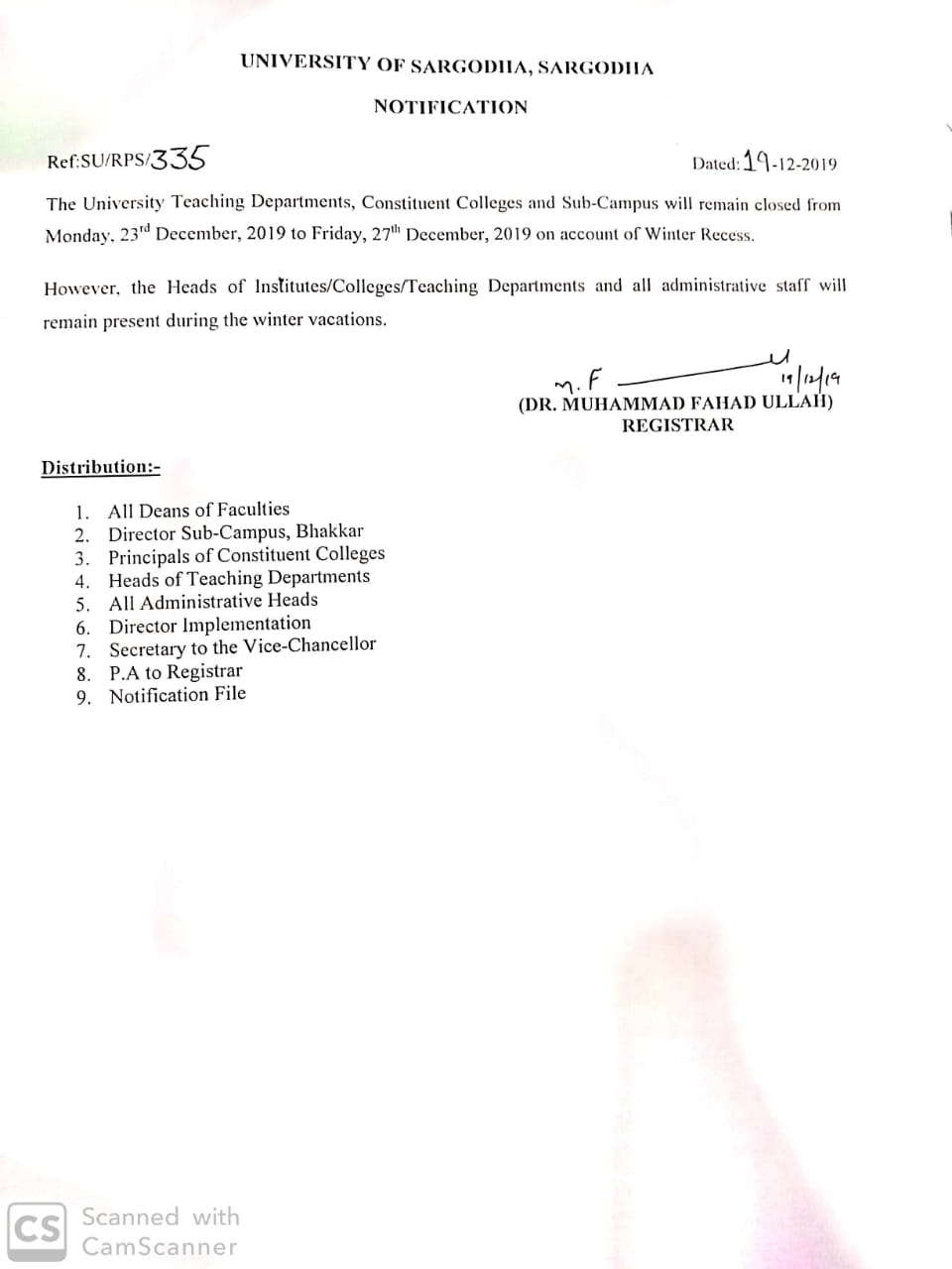 Notification regarding Winter Vacations 2019