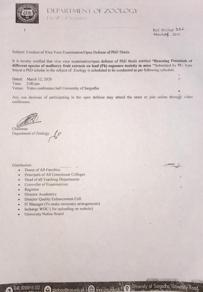 Conduct of Viva Voce Examination/Open Defense of PhD Thesis ( Department of Zoology )