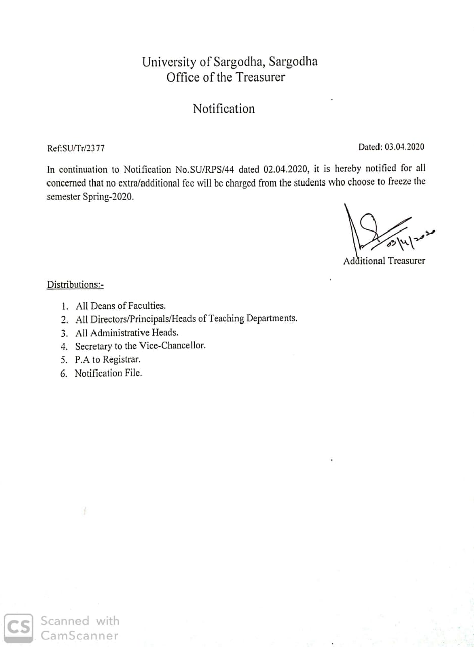 No extra fee against freezed semester Spring-2020