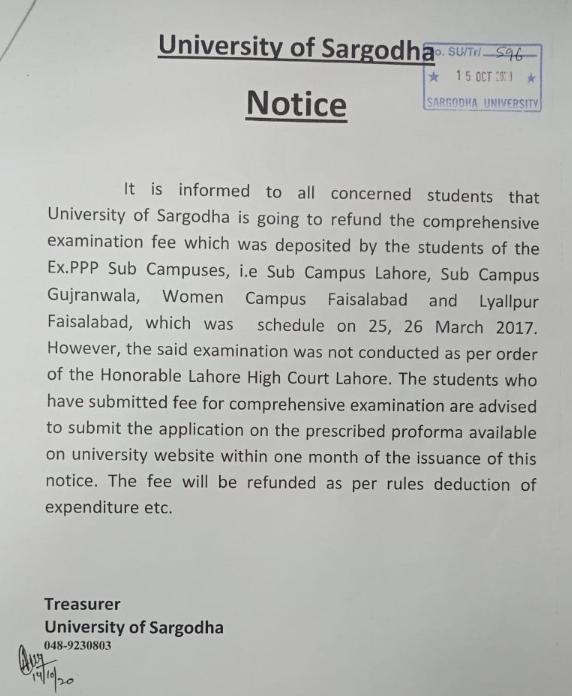 Sargodha University is  refunding comprehensive Examination fee for students of Ex-PPP Sub Campuses