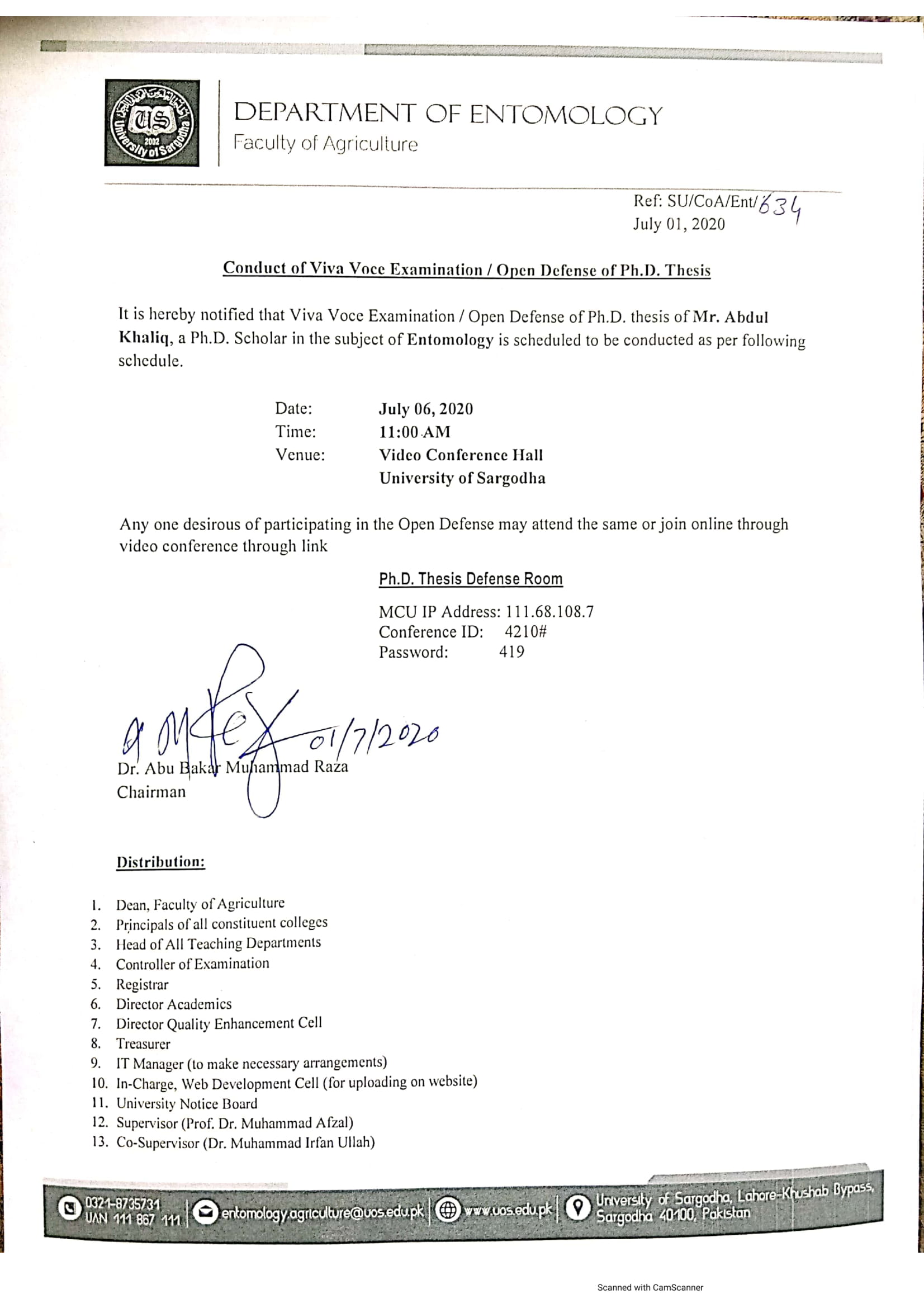 Conduct of Viva Voce Examination / Open Defense of Ph.D. Thesis (Agriculture College)