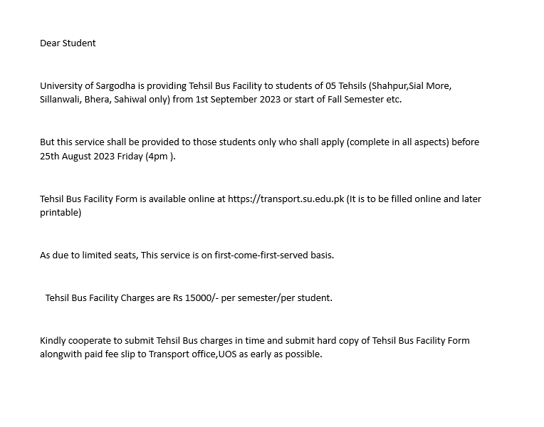 Tehsil Bus Facility Update