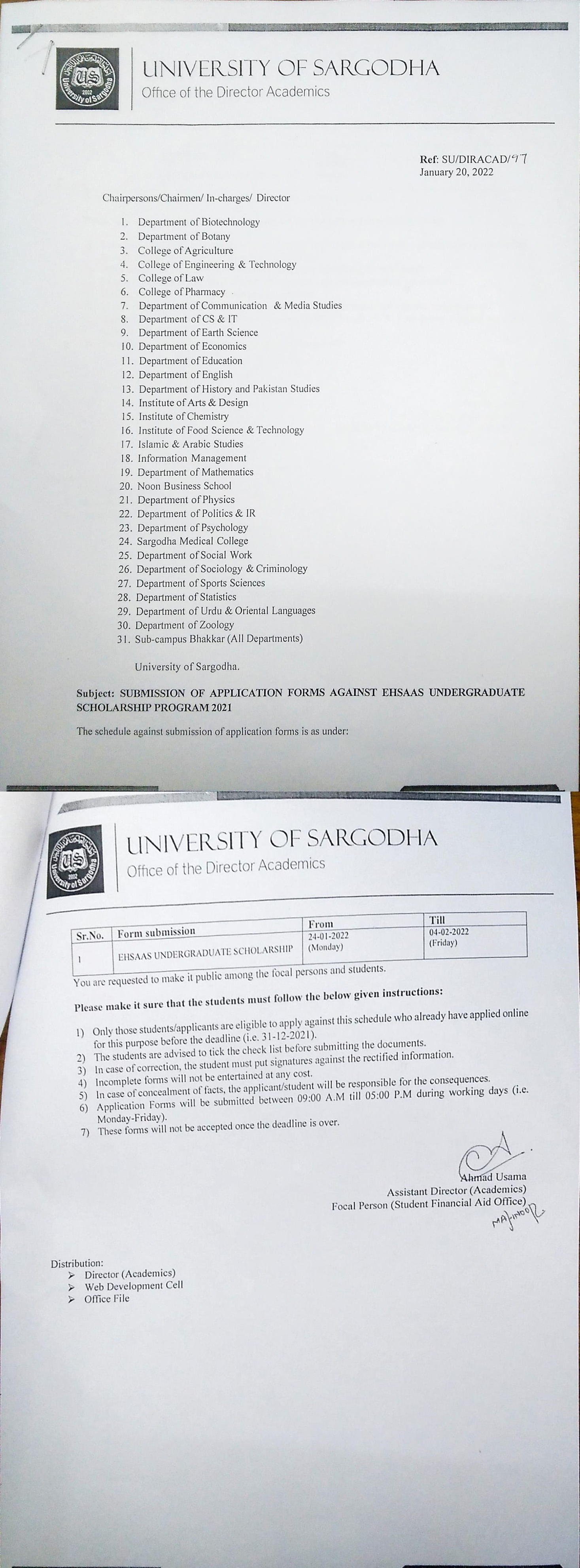 Submission of Application Forms against Ehsaas Undergraduate Scholarship Program 2021