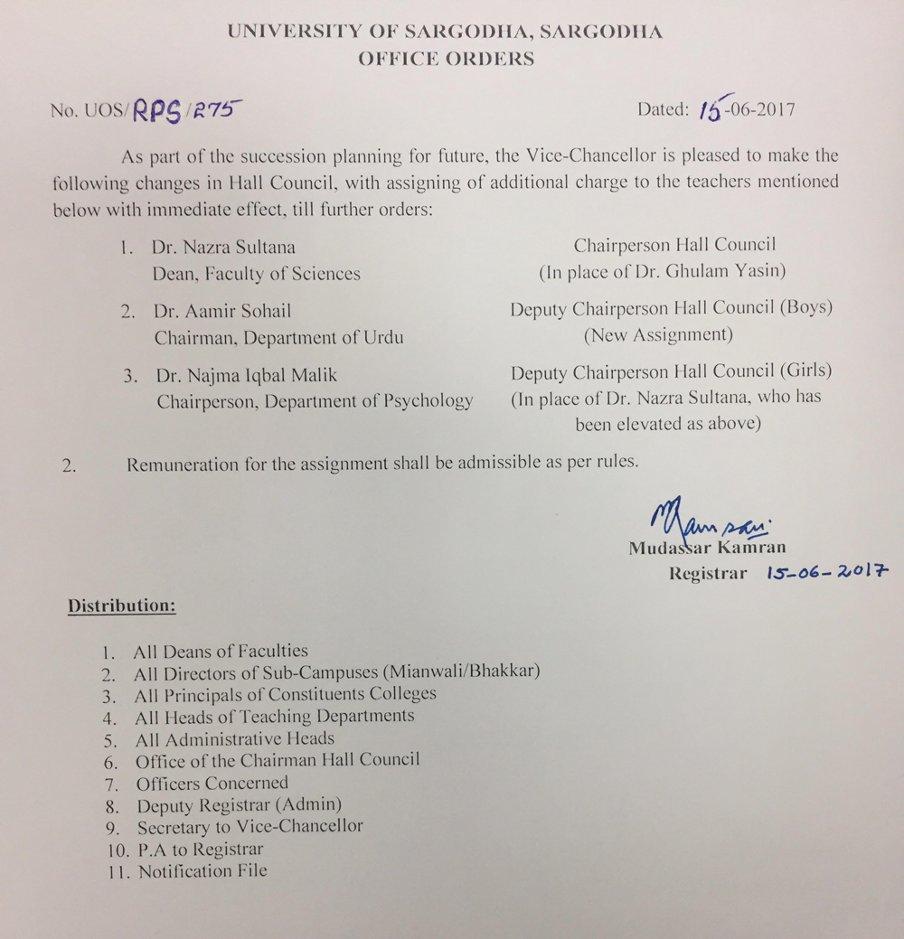 Office orders regarding restructure of Hall Council