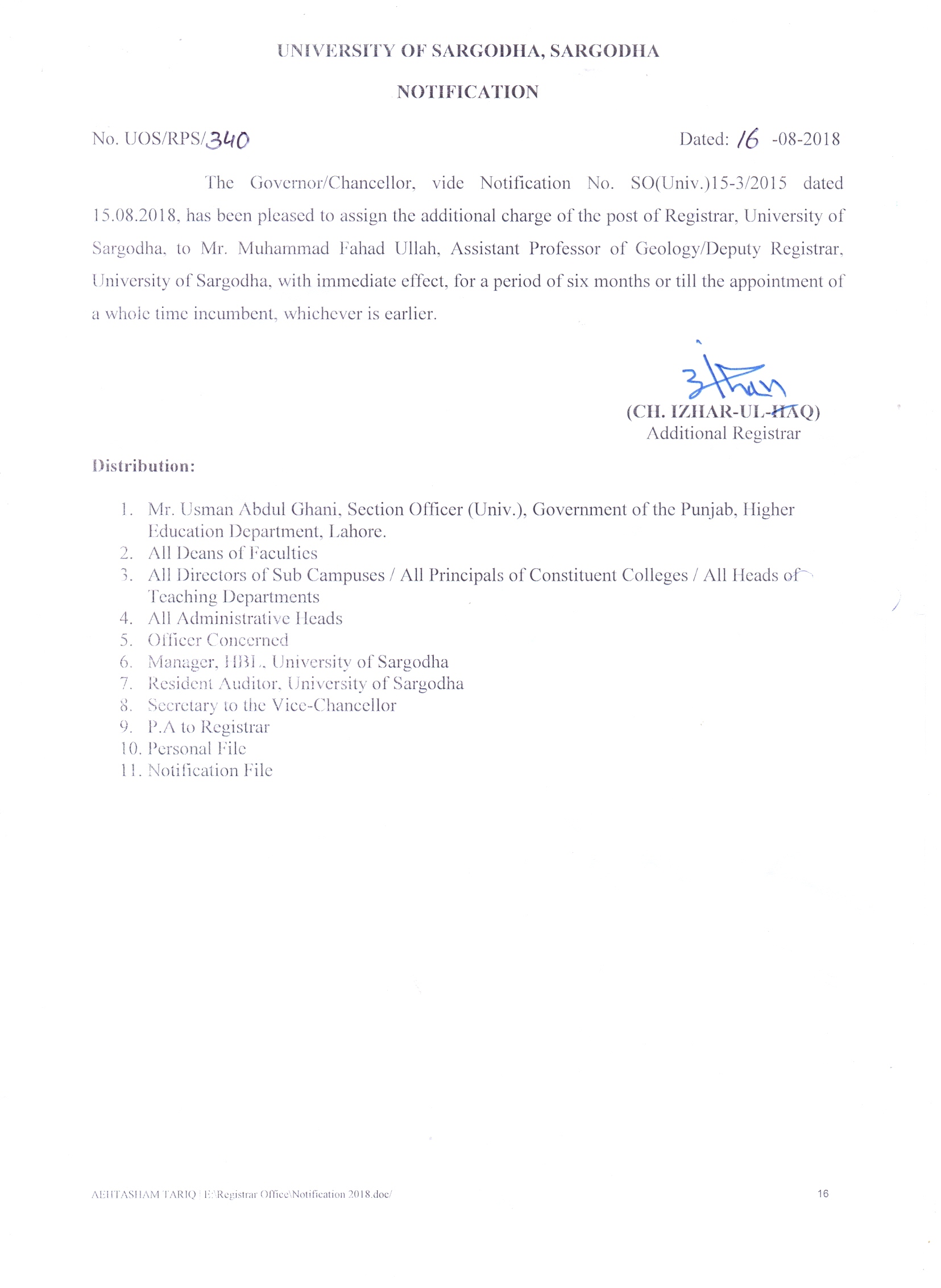Notification regarding the Charge of Office of Registrar
