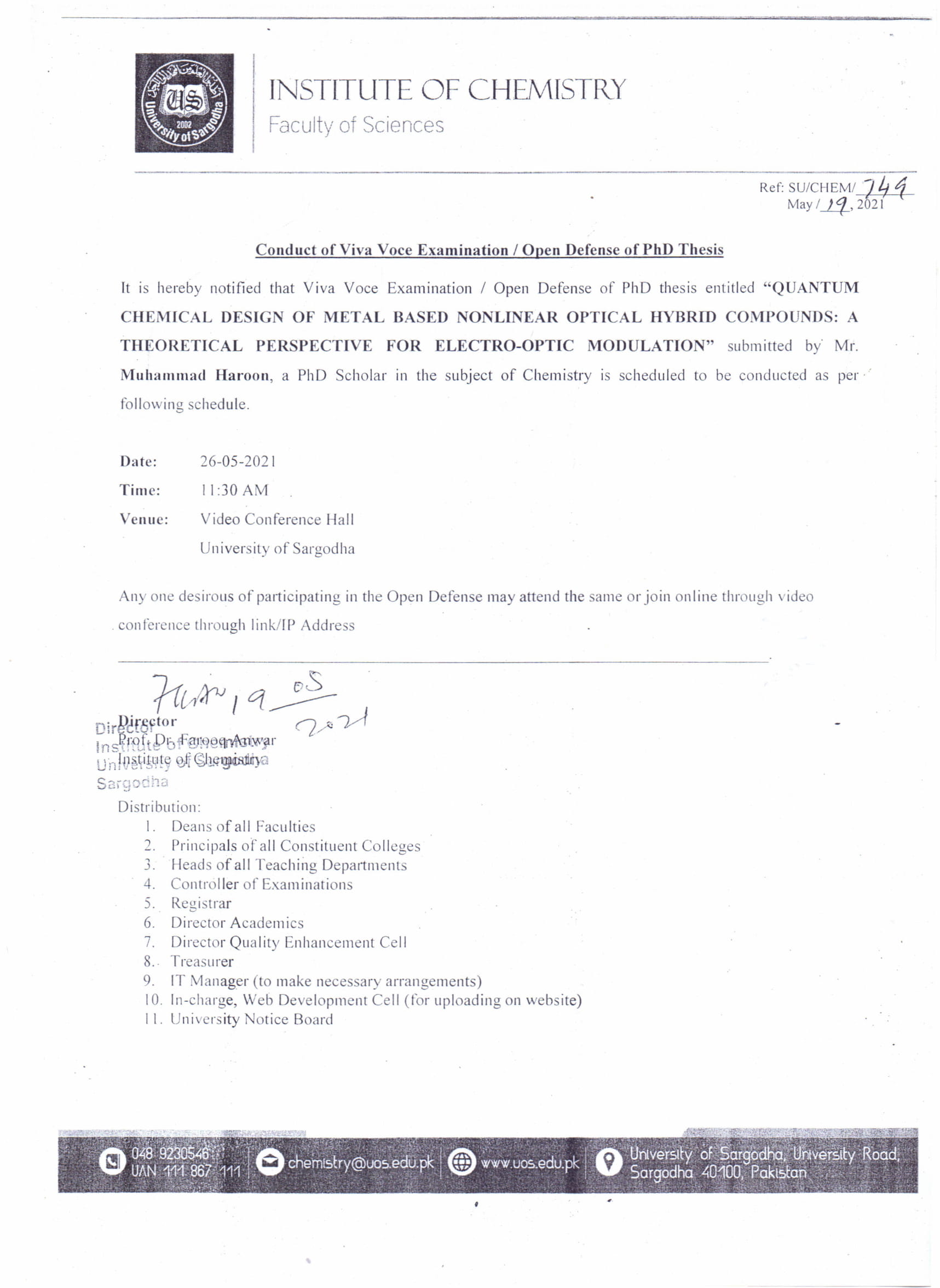 Conduct of Viva Voce Examination / Open Defense of Ph.D Thesis (Chemistry)