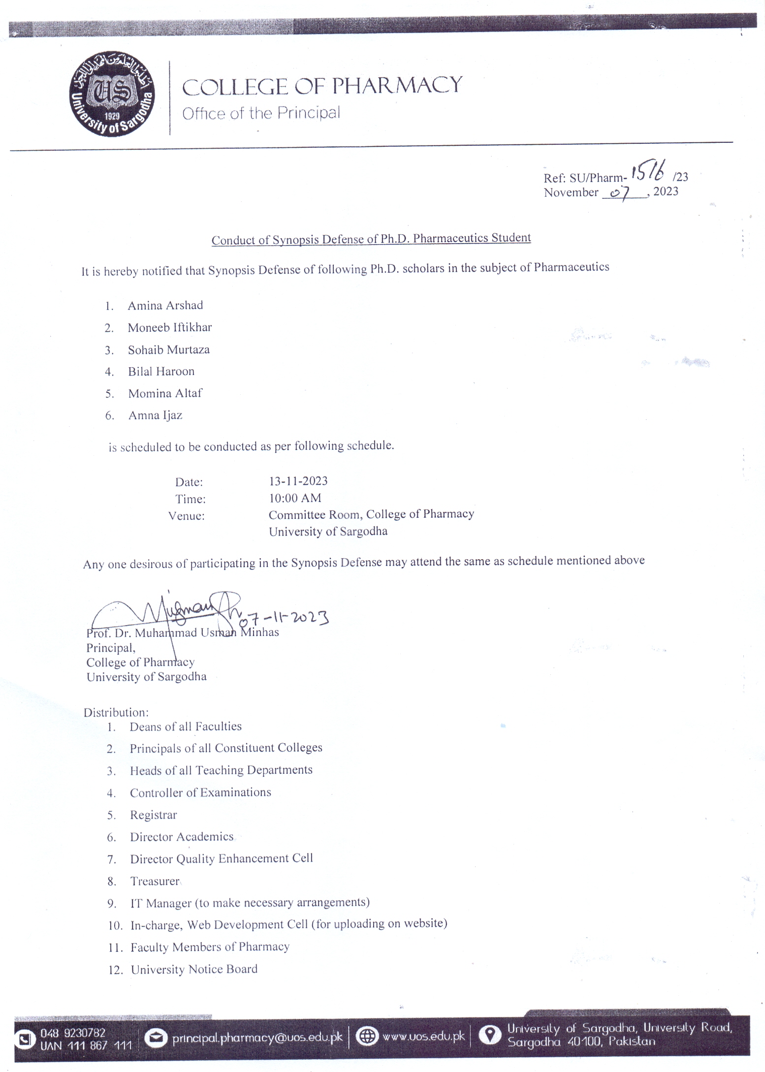 Conduct of Synopsis Defense of PhD Pharmaceutics Students (Pharmacy)