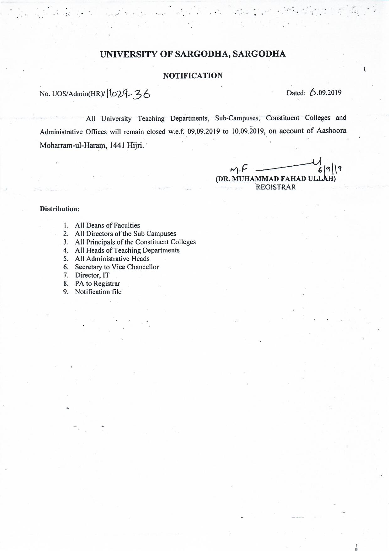 Notification Regarding Holidays of Aashoora Moharram ul Haram