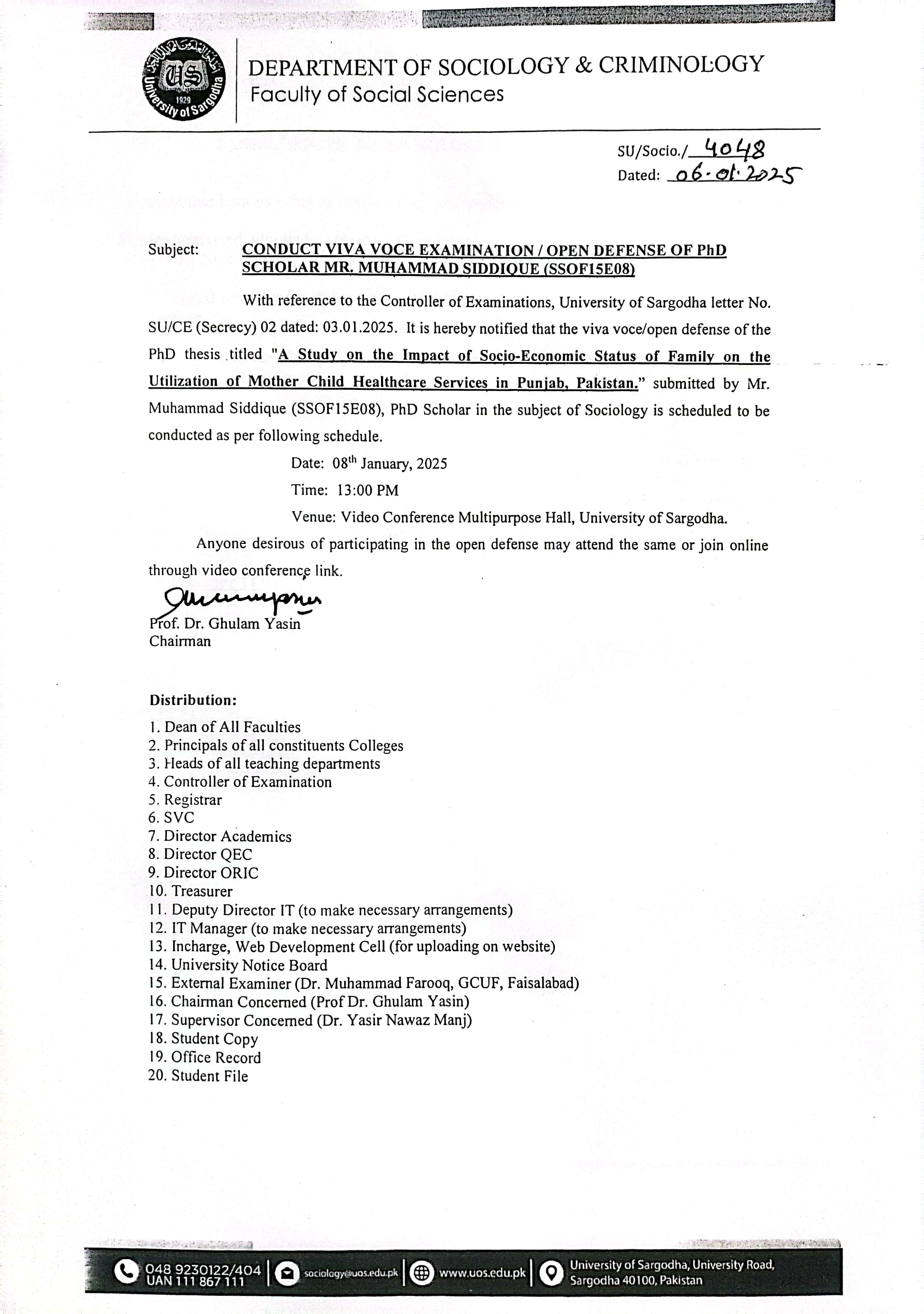 CONDUT VIVA VOCE EXAMINATION/OPEN DEFENSE OF PHD (SOCIOLOGY)