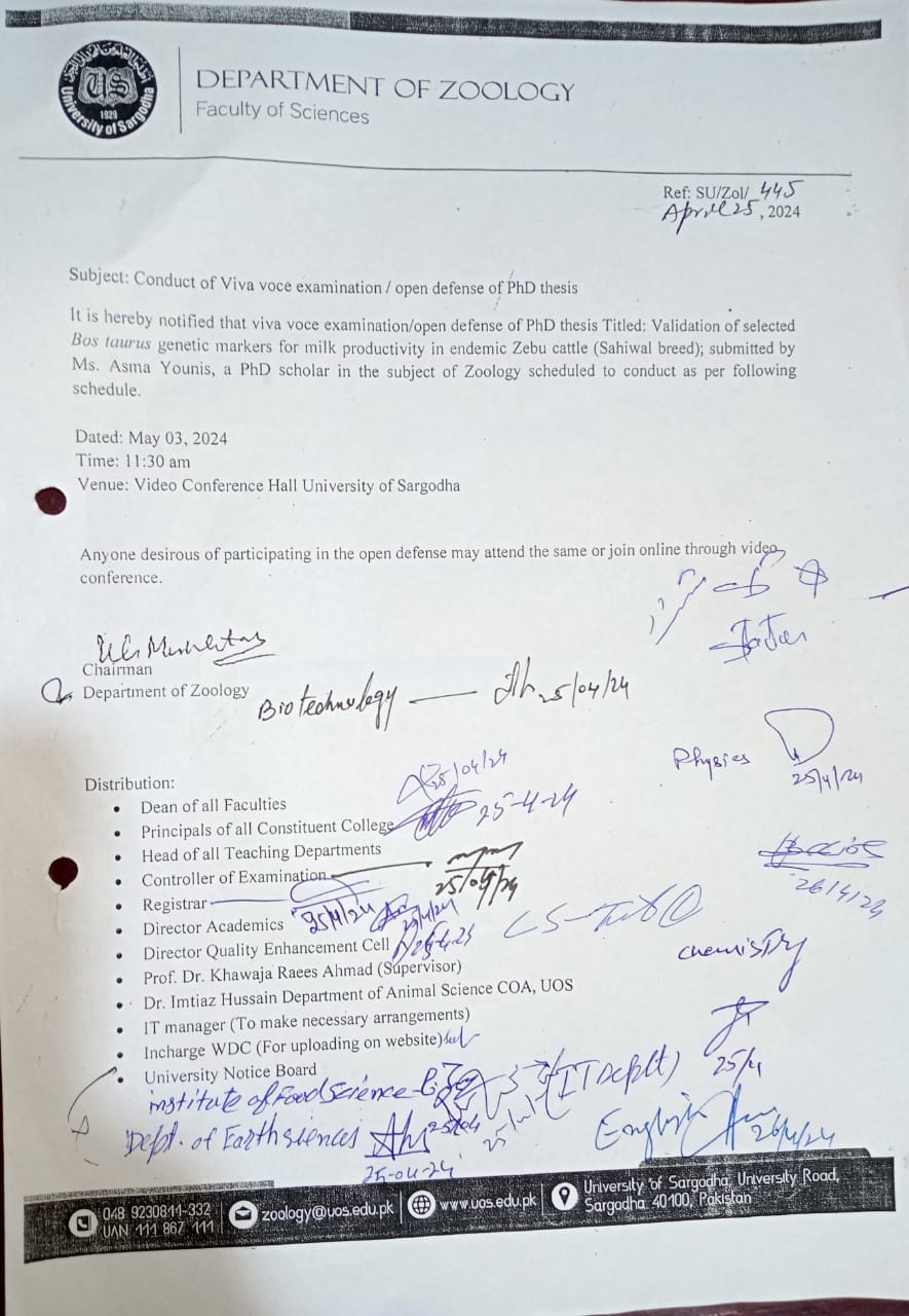 CONDUCT OF VIVA VOCE EXAMINATION/ OPEN DEFENSE OF PHD THESIS (ZOOLOGY)