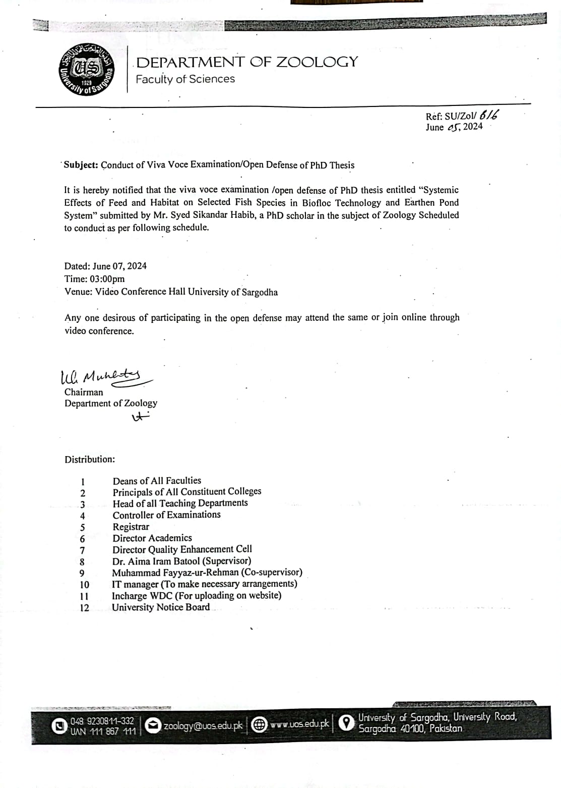 CONDUCT OF VIVA VOCE EXAMINATION/ OPEN DEFENSE OF PHD THESIS (ZOOLOGY)